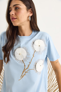 Bisiklet Yaka Kısa Kollu Nakışlı Kabartma Aksesuarlı T-Shirt 60602024 - Bebe Mavisi