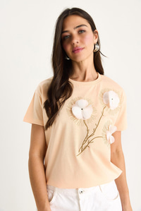 Bisiklet Yaka Kısa Kollu Nakışlı Kabartma Aksesuarlı T-Shirt 60602024 - Yavru Ağzı