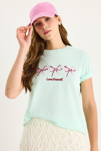 Bisiklet Yaka Kısa Kollu Nakışlı T-Shirt 60602023 - Mint Yeşili
