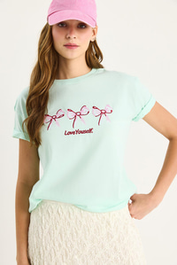 Bisiklet Yaka Kısa Kollu Nakışlı T-Shirt 60602023 - Mint Yeşili