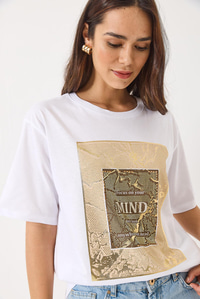 Bisiklet Yaka Kısa Kollu Taş Baskılı Oversize T-Shirt 60283036 - Beyaz