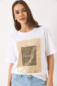 Bisiklet Yaka Kısa Kollu Taş Baskılı Oversize T-Shirt 60283036 - Beyaz