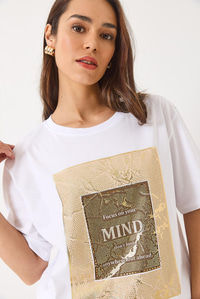 Bisiklet Yaka Kısa Kollu Taş Baskılı Oversize T-Shirt 60283036 - Beyaz