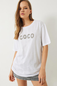 Bisiklet Yaka Kısa Kollu Taş Baskılı T-Shirt 60283035 - Beyaz