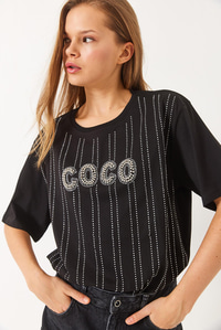 Bisiklet Yaka Kısa Kollu Taş Baskılı T-Shirt 60283035 - Siyah