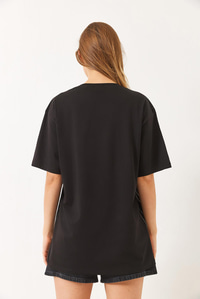 Bisiklet Yaka Kısa Kollu Taş Baskılı T-Shirt 60283035 - Siyah