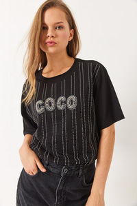 Bisiklet Yaka Kısa Kollu Taş Baskılı T-Shirt 60283035 - Siyah