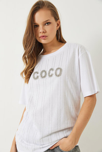 Bisiklet Yaka Kısa Kollu Taş Baskılı T-Shirt 60283035 - Beyaz