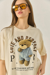 Bisiklet Yaka Kısa Kollu Teddy Baskılı Pamuklu Basic T-Shirt ÖT251045 60283312 - Bej