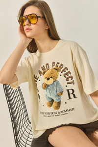 Bisiklet Yaka Kısa Kollu Teddy Baskılı Pamuklu Basic T-Shirt ÖT251045 60283312 - Bej