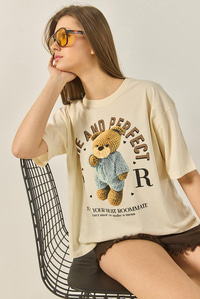 Bisiklet Yaka Kısa Kollu Teddy Baskılı Pamuklu Basic T-Shirt ÖT251045 60283312 - Bej