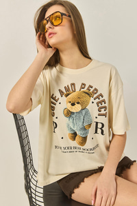 Bisiklet Yaka Kısa Kollu Teddy Baskılı Pamuklu Basic T-Shirt ÖT251045 60283312 - Bej