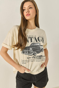 Bisiklet Yaka Kısa Kollu Vintage Baskılı Pamuklu Basic T-Shirt ÖT251061 60283313 - Bej