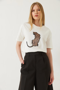 Bisiklet Yaka Leopar Baskılı Tshirt 60261345 - Beyaz