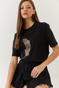 Bisiklet Yaka Leopar Baskılı Tshirt 60261345 - Siyah