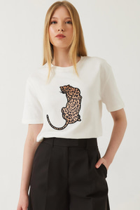 Bisiklet Yaka Leopar Baskılı Tshirt 60261345 - Beyaz