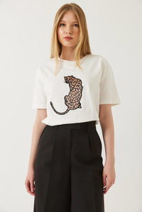 Bisiklet Yaka Leopar Baskılı Tshirt 60261345 - Beyaz
