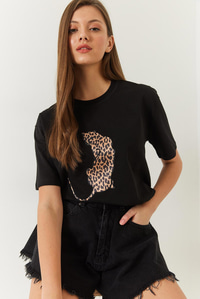 Bisiklet Yaka Leopar Baskılı Tshirt 60261345 - Siyah