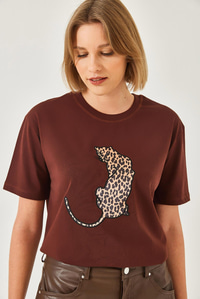 Bisiklet Yaka Leopar Baskılı Tshirt 60261345 - Kahverengi