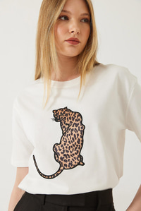 Bisiklet Yaka Leopar Baskılı Tshirt 60261345 - Beyaz