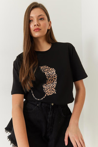 Bisiklet Yaka Leopar Baskılı Tshirt 60261345 - Siyah