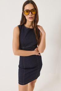 Bisiklet Yaka Likralı Yazlık Denim Elbise 8038 60283163 - Lacivert