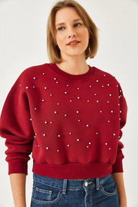 Bisiklet Yaka Önü İnci Çakmalı Üç İplik Şardonlu Sweatshırt 60601041 - Bordo