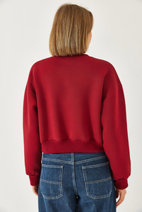Bisiklet Yaka Önü İnci Çakmalı Üç İplik Şardonlu Sweatshırt 60601041 - Bordo