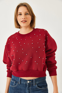 Bisiklet Yaka Önü İnci Çakmalı Üç İplik Şardonlu Sweatshırt 60601041 - Bordo
