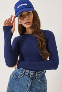Bisiklet Yaka Parmak Geçirmeli Basic Bluz 0214 60284030 - Lacivert