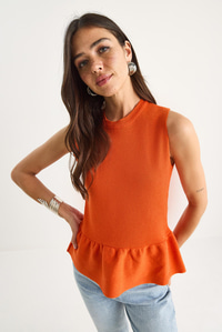 Bisiklet Yaka Peplum Triko Top 20251019 - turuncu