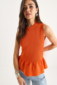 Bisiklet Yaka Peplum Triko Top 20251019 - turuncu