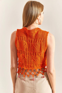 Bisiklet Yaka Saçaklı Taş İşlemeli Ajurlu Crop Triko Bluz 60261506 - turuncu