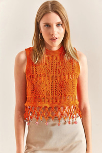 Bisiklet Yaka Saçaklı Taş İşlemeli Ajurlu Crop Triko Bluz 60261506 - turuncu