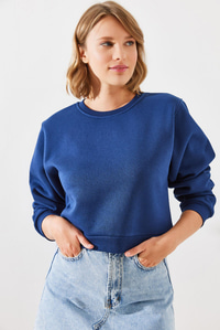 Bisiklet Yaka Şardonlu Basic Crop Sweatshirt 60251797 - Lacivert SWEATSHİRT modelleri