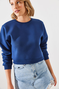 Bisiklet Yaka Şardonlu Basic Crop Sweatshirt 60251797 - Lacivert SWEATSHİRT modelleri