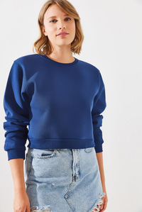 Bisiklet Yaka Şardonlu Basic Crop Sweatshirt 60251797 - Lacivert SWEATSHİRT modelleri
