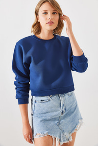 Bisiklet Yaka Şardonlu Basic Crop Sweatshirt 60251797 - Lacivert SWEATSHİRT modelleri