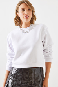Bisiklet Yaka Şardonlu Basic Crop Sweatshirt 60251797 - Beyaz SWEATSHİRT modelleri