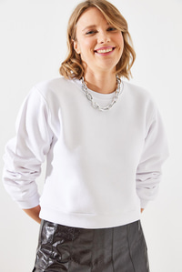 Bisiklet Yaka Şardonlu Basic Crop Sweatshirt 60251797 - Beyaz SWEATSHİRT modelleri