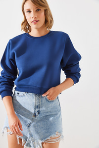Bisiklet Yaka Şardonlu Basic Crop Sweatshirt 60251797 - Lacivert SWEATSHİRT modelleri
