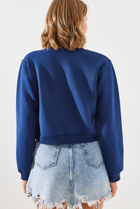 Bisiklet Yaka Şardonlu Basic Crop Sweatshirt 60251797 - Lacivert SWEATSHİRT modelleri