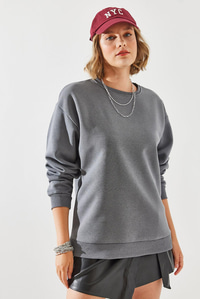 Bisiklet Yaka Şardonlu Basic Sweatshirt 60251640 - Füme SWEATSHİRT modelleri
