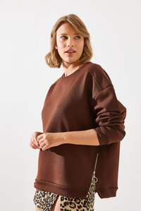 Bisiklet Yaka Şardonlu Fermuar Detaylı Basic Sweatshirt 60251796 - Kahverengi SWEATSHİRT modelleri