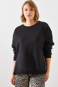 Bisiklet Yaka Şardonlu Fermuar Detaylı Basic Sweatshirt 60251796 - Siyah SWEATSHİRT modelleri