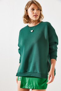 Bisiklet Yaka Şardonlu Fermuar Detaylı Basic Sweatshirt 60251796 - Zümrüt SWEATSHİRT modelleri
