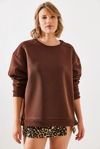Bisiklet Yaka Şardonlu Fermuar Detaylı Basic Sweatshirt 60251796 - Kahverengi SWEATSHİRT modelleri
