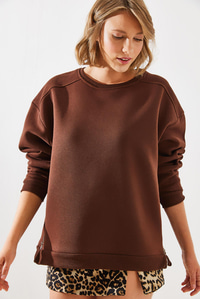 Bisiklet Yaka Şardonlu Fermuar Detaylı Basic Sweatshirt 60251796 - Kahverengi SWEATSHİRT modelleri