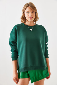Bisiklet Yaka Şardonlu Fermuar Detaylı Basic Sweatshirt 60251796 - Zümrüt SWEATSHİRT modelleri