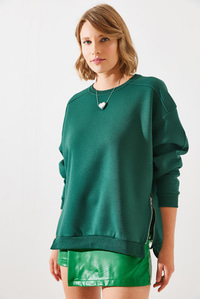 Bisiklet Yaka Şardonlu Fermuar Detaylı Basic Sweatshirt 60251796 - Zümrüt SWEATSHİRT modelleri
